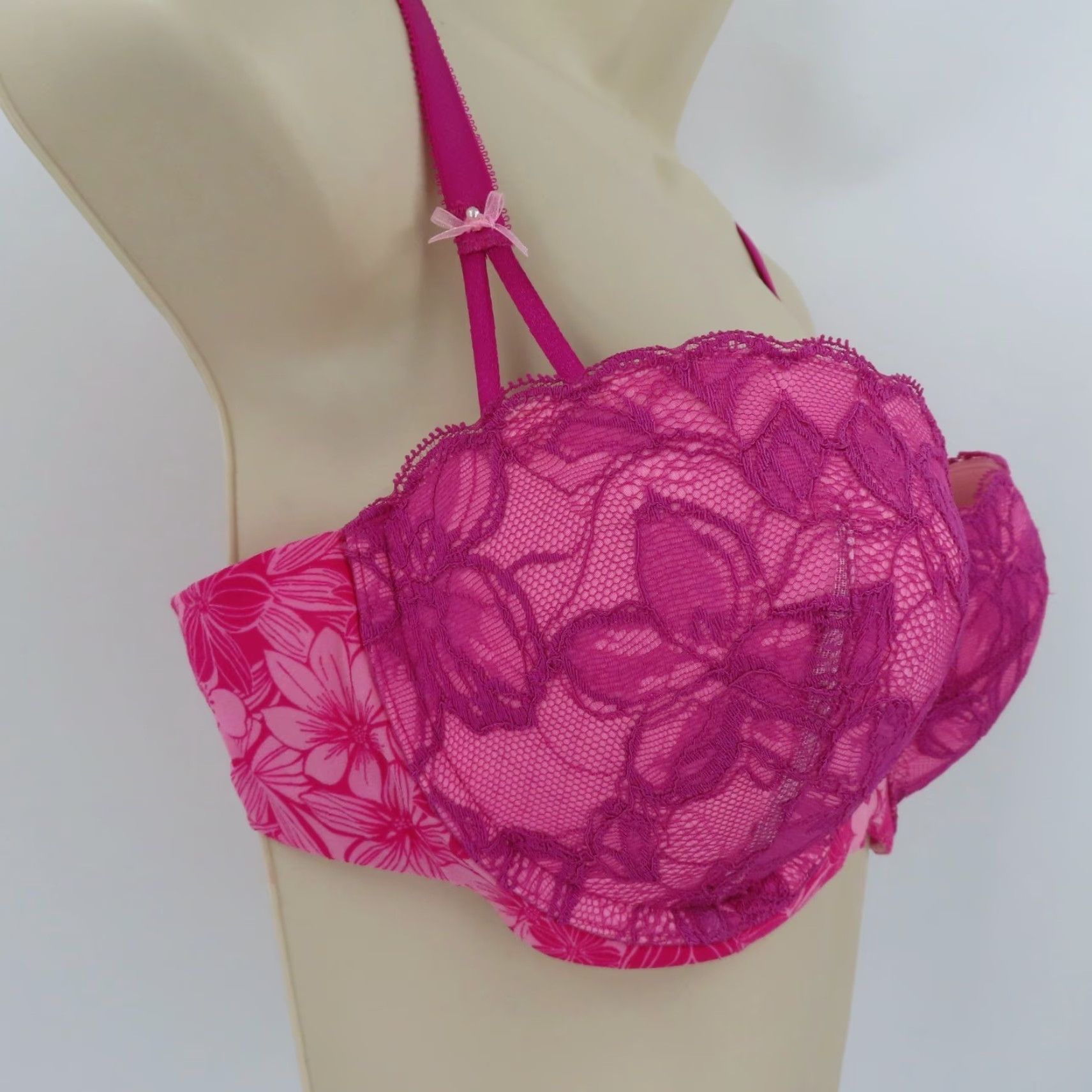 Victoria's Secret Victoria's Secret Balconet Bra 36C Pink Floral Lace Padded Underwire Bow Womens Size ONE SIZE - 2 Thumbnail