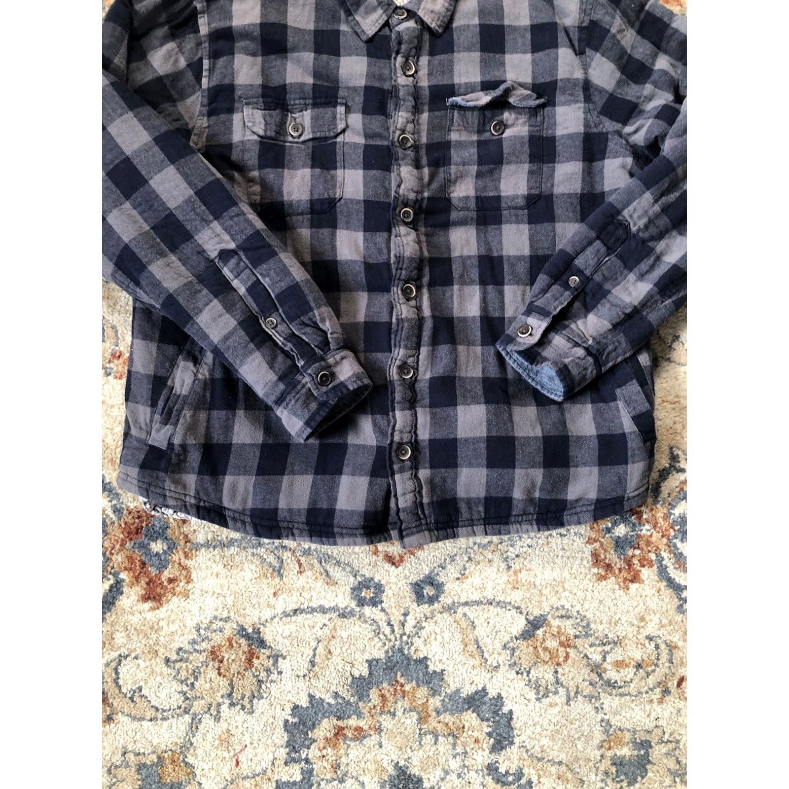 Vintage Tailor Vintage Shirt Jacket Mens 2XL Blue Gray Buffalo Plaid Flannel Sherpa Long Buttoned Lined Cotton Wool Size US XXL / EU 58 / 5 - 5 Thumbnail