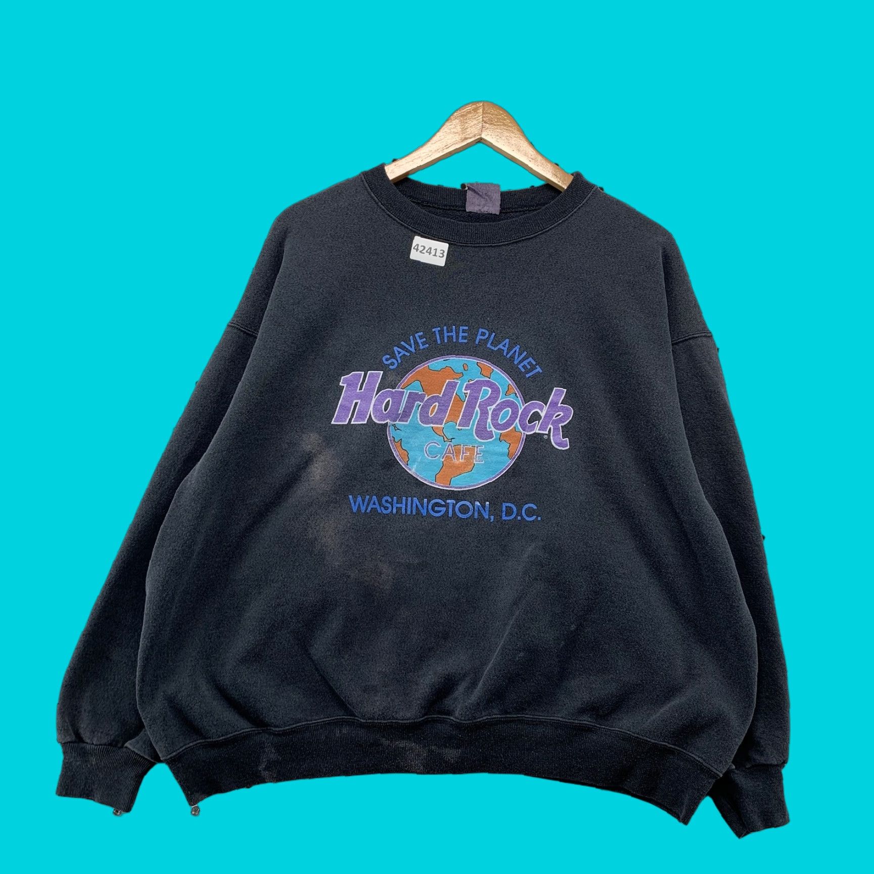 Hard Rock Cafe VINTAGE 90s Hard Rock Cafe Sweatshirt Black XL Distressed Graphic Print Mens Size US XL / EU 56 / 4 - 1 Thumbnail