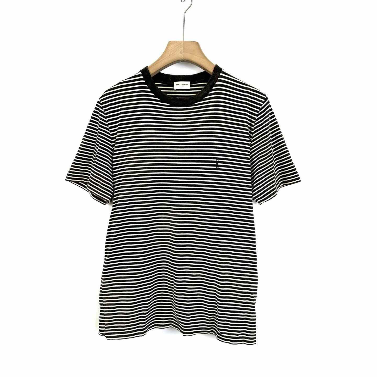 Saint Laurent Paris Saint Laurent Striped Embroidered Logo Tee Size US S / EU 44-46 / 1 - 1 Thumbnail