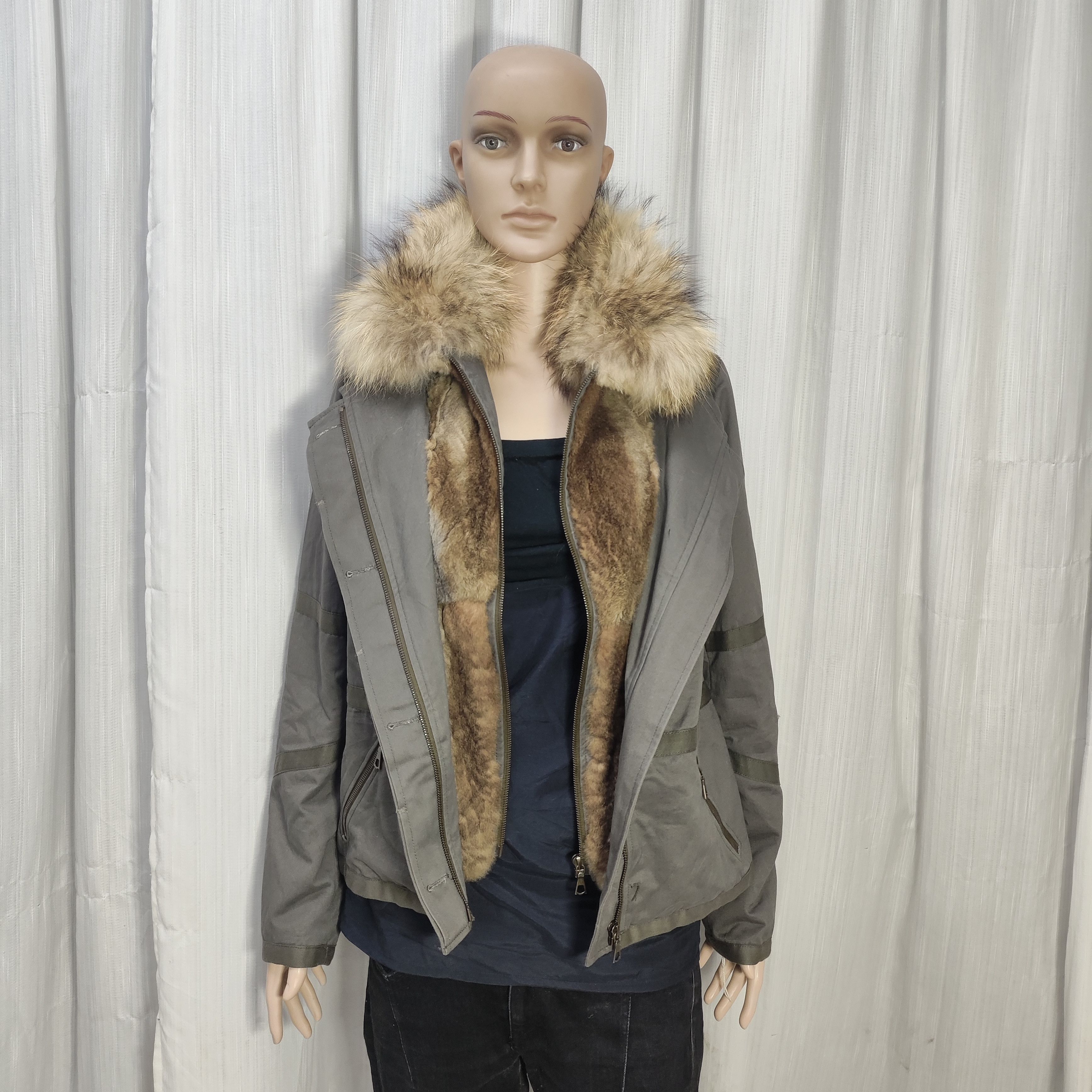 Yves Salomon ARMY Yves Salomon Cement Grey Khaki Fur Zip Up Jacket Size XS / US 0-2 / IT 36-38 - 1 Thumbnail