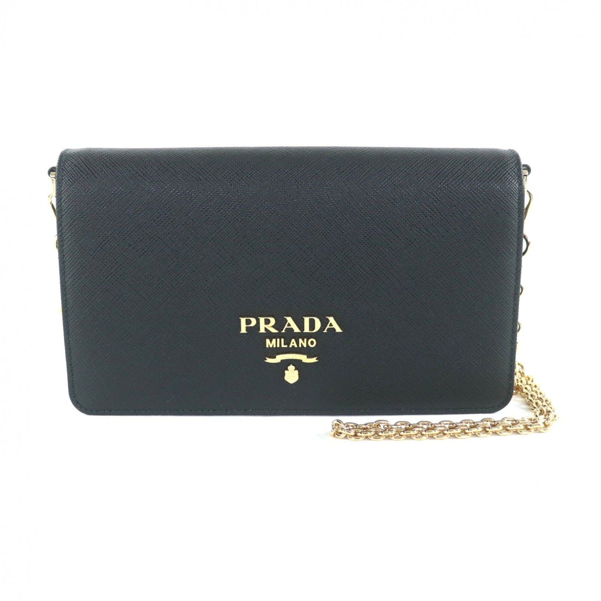 Prada PRADA 1BP053 Saffiano Leather Mini Bag with Triangle Chain, Shoulder Bag, Black, Made in Italy, Women's Size ONE SIZE - 1 Thumbnail