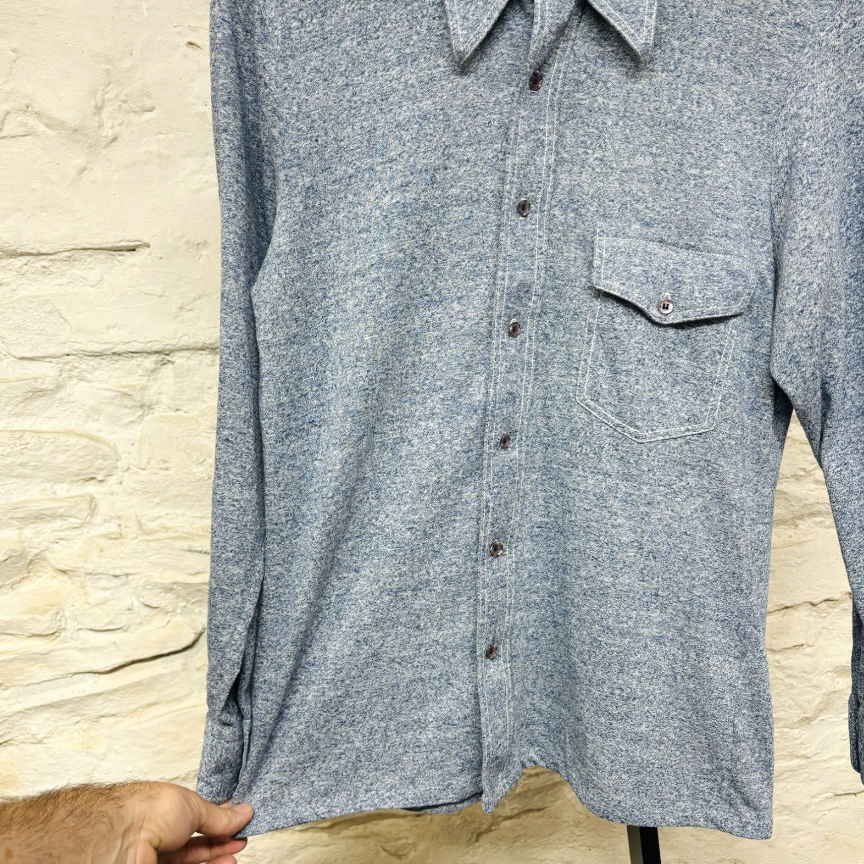 VINTAGE Puccini di Roma Knit Dagger Collar Spread Button Up Shirt 60s 70s Mens Blue Long Sleeve Polyester Knit Shirt Button-Up Collar Spread 15.5