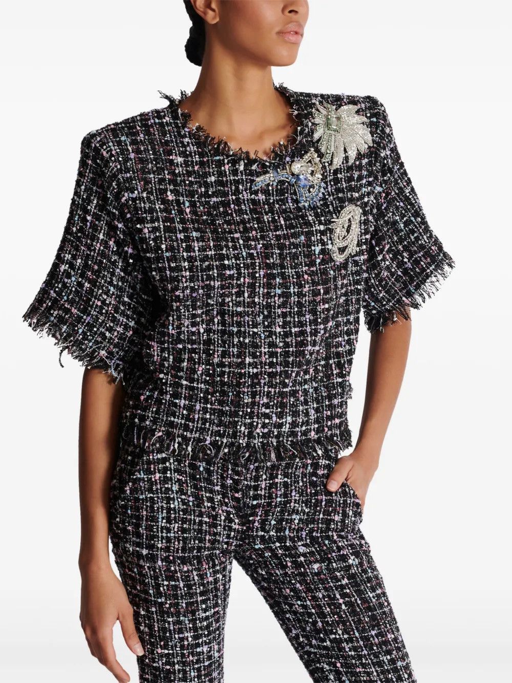 Balmain o1s1wg110825 Diamond Pattern Knitted T-Shirt in Black/White Size S / US 4 / IT 40 - 2 Thumbnail