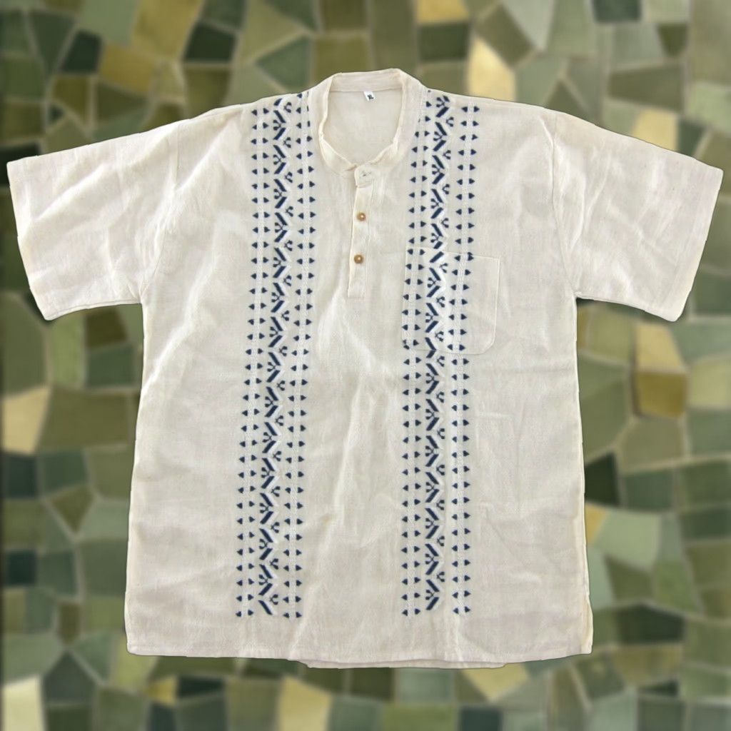 Vintage VINTAGE New 100% Raw Cotton Ivory Blue Short Sleeve Pullover Shirt Men XL 44 Size US XL / EU 56 / 4 - 1 Thumbnail
