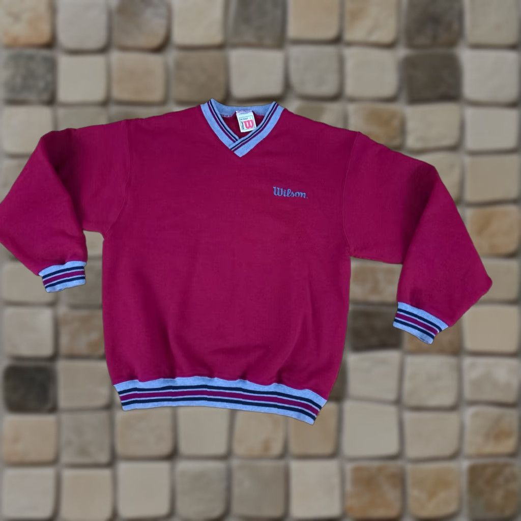 Wilson VINTAGE Wilson Sweatshirt Tennis Embroidered V-Neck Large L Red Unisex Adults Pullover Cotton Blend Canvas 26in Long Size US L / EU 52-54 / 3 - 1 Thumbnail
