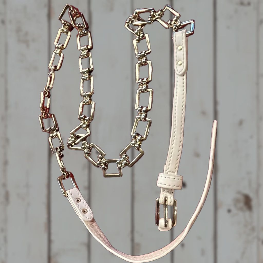 Vintage VINTAGE White Leather Belt Golden Square Chain Links Shiny Thin 1/2” 35-39” Waist Women's Belt Size ONE SIZE - 1 Thumbnail