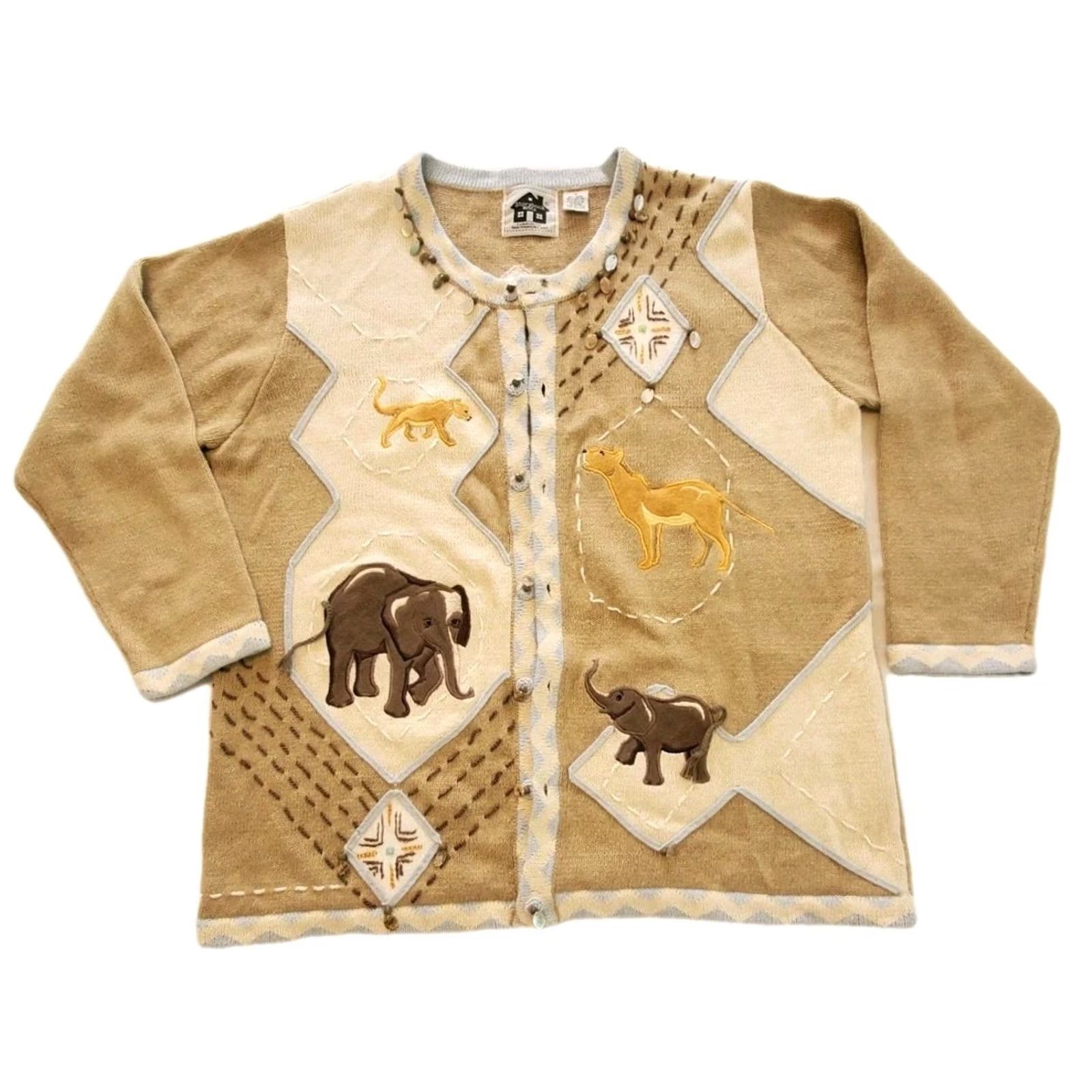 Vintage Vintage Storybook Knits Womens Safari Cardigan Sweater 1X Plus Beige Beaded 3D Size XL / US 12-14 / IT 48-50 - 2 Thumbnail