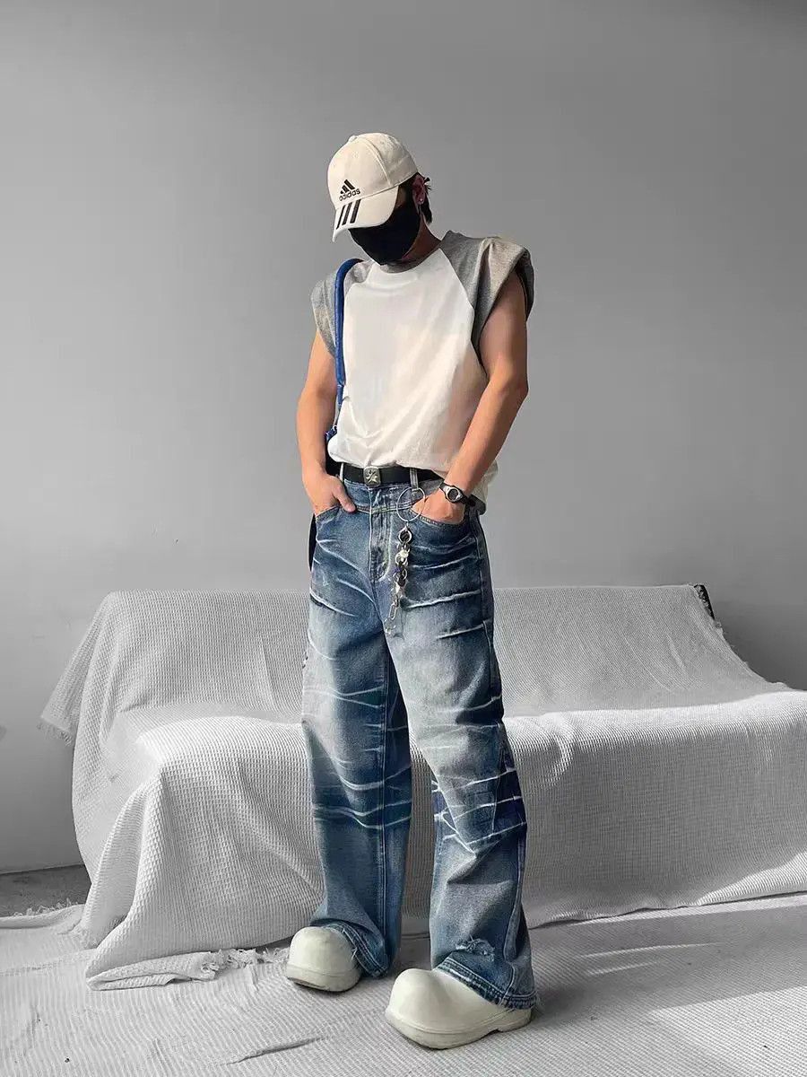 Japanese Brand Street style paw print design textured baggy jeans Size US 33 - 3 Thumbnail