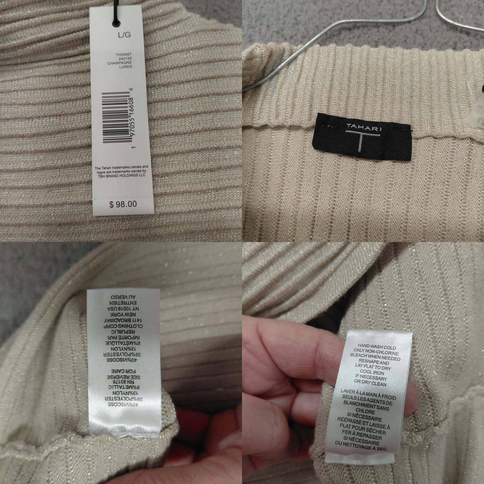 Vintage Tahari Sweater Womens Large Beige Metallic Gold Ribbed Mock Neck Long Sleeve Knit Pullover Size L / US 10 / IT 46 - 9 Thumbnail