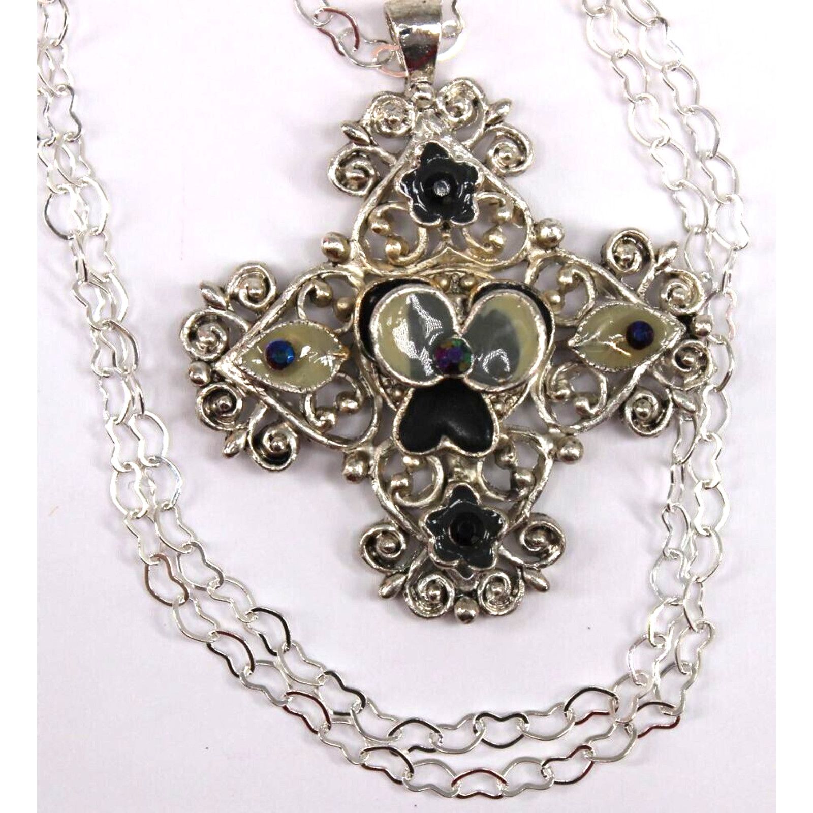 Other Silvertone Enamel Pansy AB Rhinestone Cross Necklace 24" Size ONE SIZE - 2 Thumbnail