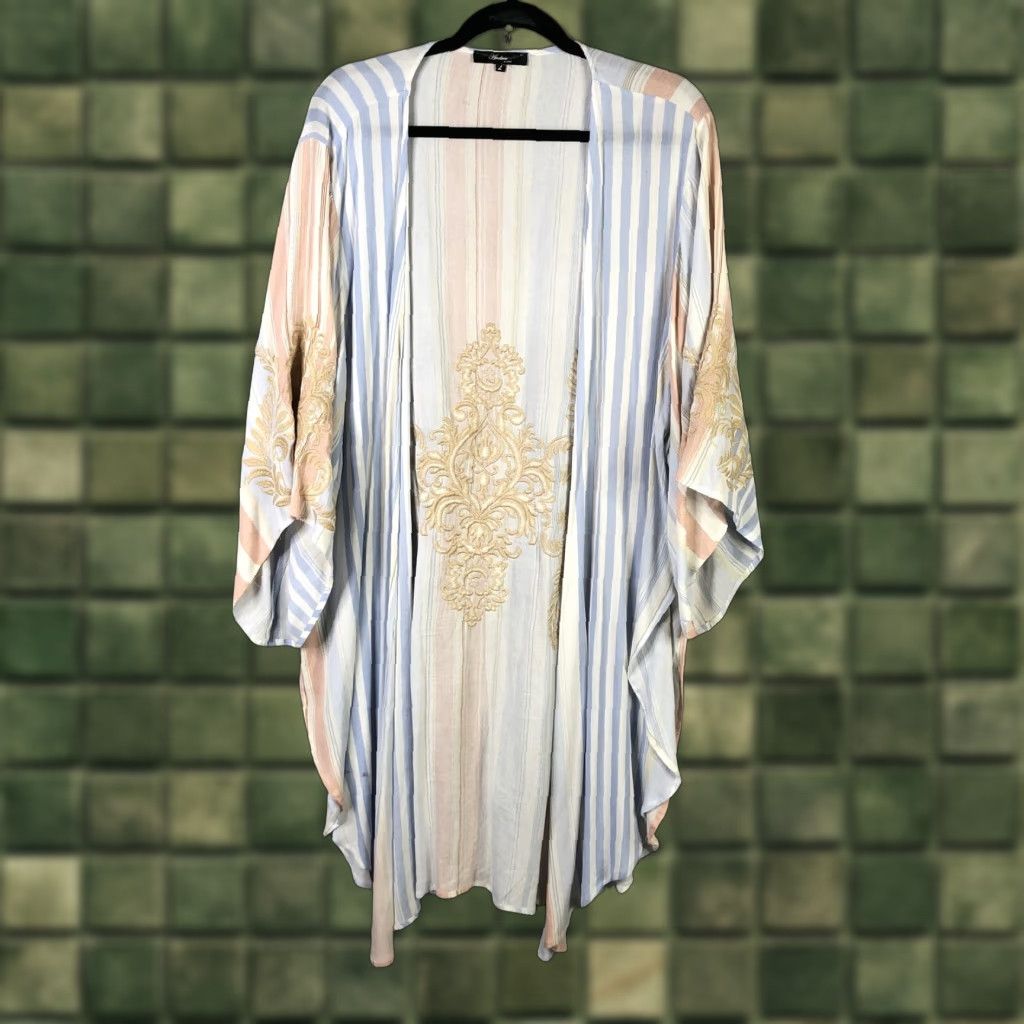 Vintage VINTAGE Andree by UNIT Kimono Cardigan Womens L Blue Peach Stripe Embroidered Boho Open-Front Lightweight Size L / US 10 / IT 46 - 1 Thumbnail