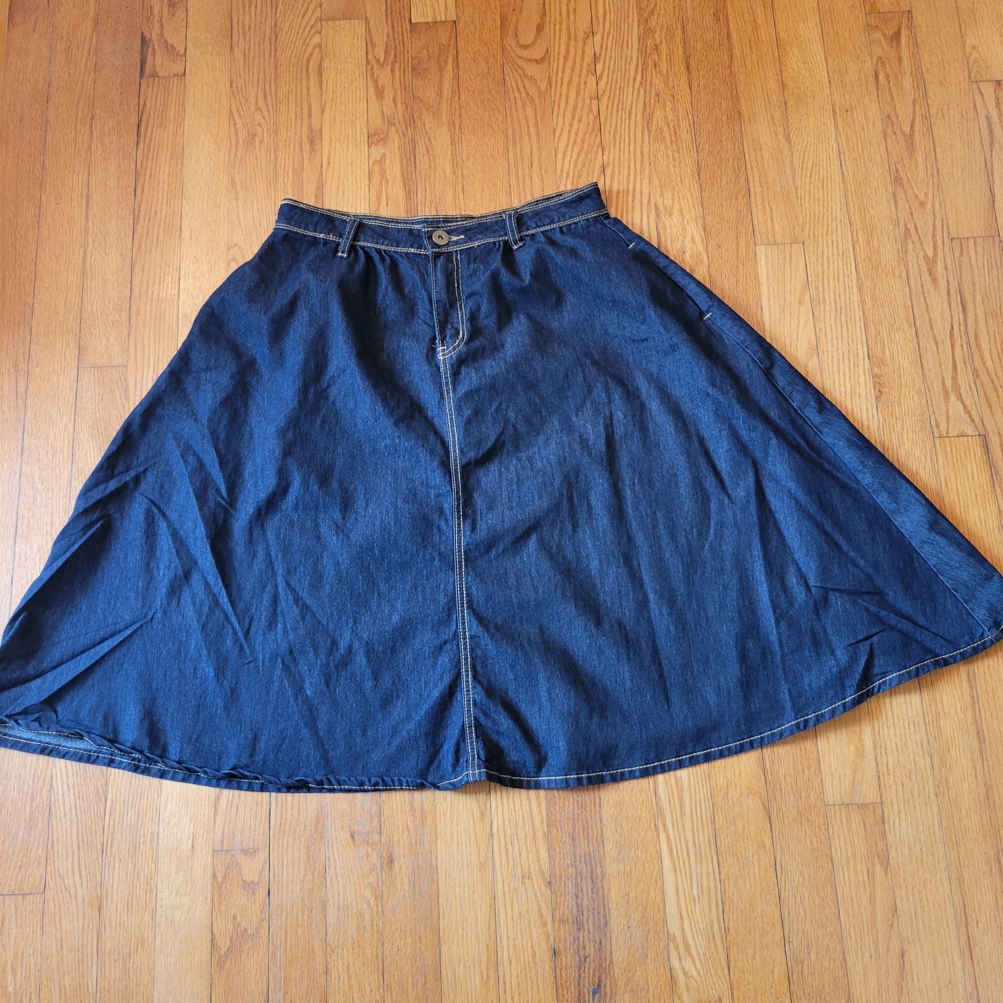 Vintage JW Style Denim Midi Skirt Flared Pockets 12 Full A Line Mode Size 34" / US 12 / IT 48 - 1 Thumbnail