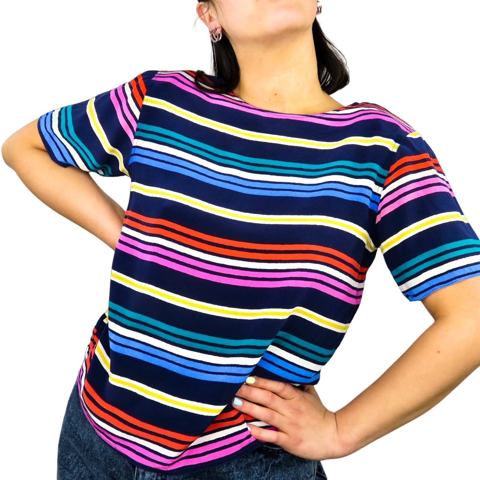 Vintage 90s Vintage Rainbow Striped Silk Top Shoulder Pads Small Size S / US 4 / IT 40 - 1 Thumbnail