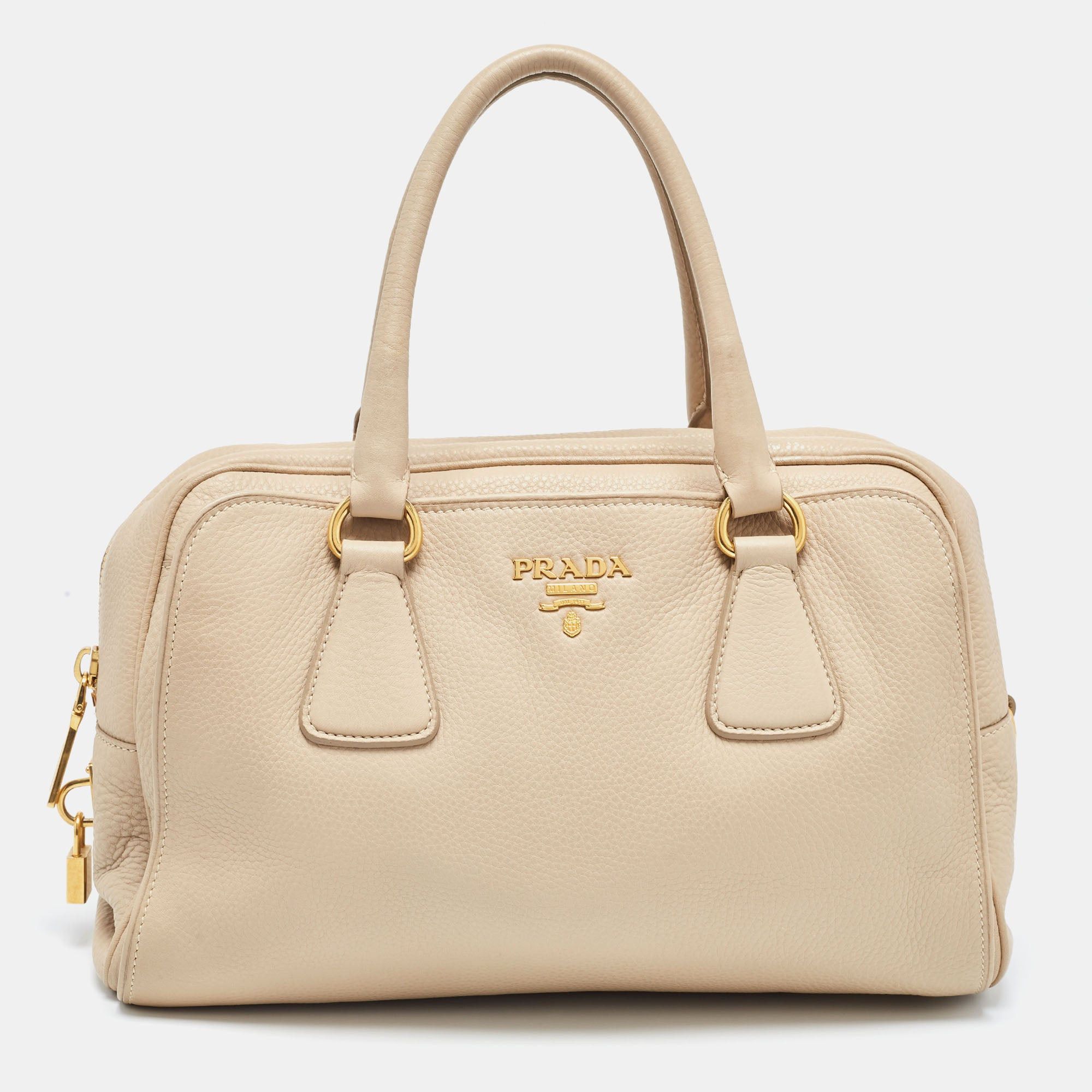 image of Prada Cream Vitello Daino Leather Zip Bowler Bag in White, Women's