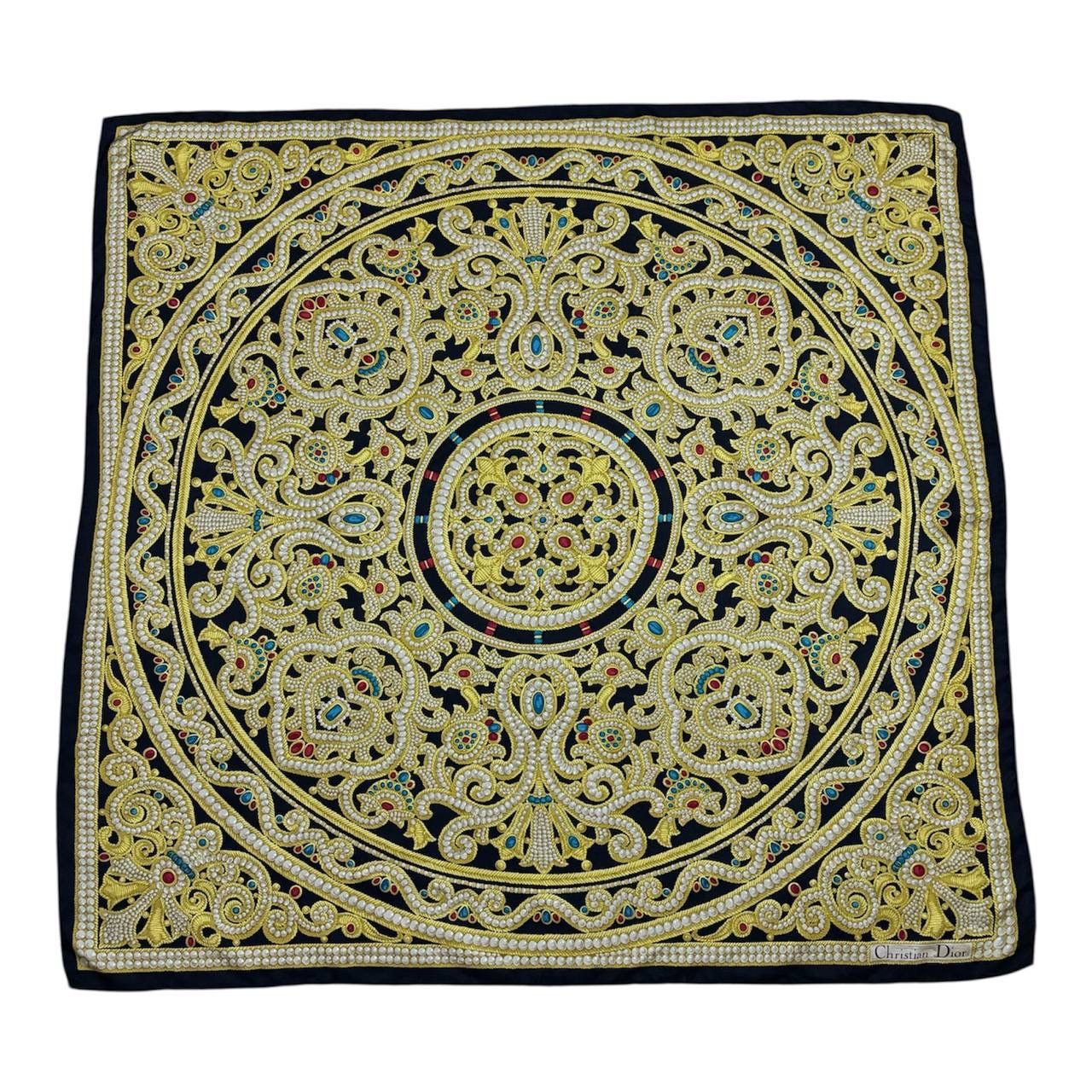 Vintage Christian Dior Silk Scarf Babushka Gold Motif