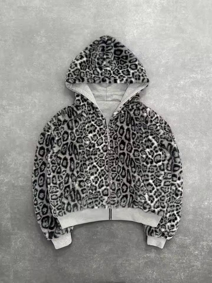 Japanese Brand Grey Leopard Print Reversible Fleece Zip Hoodie – Streetwear Size US XL / EU 56 / 4 - 1 Thumbnail
