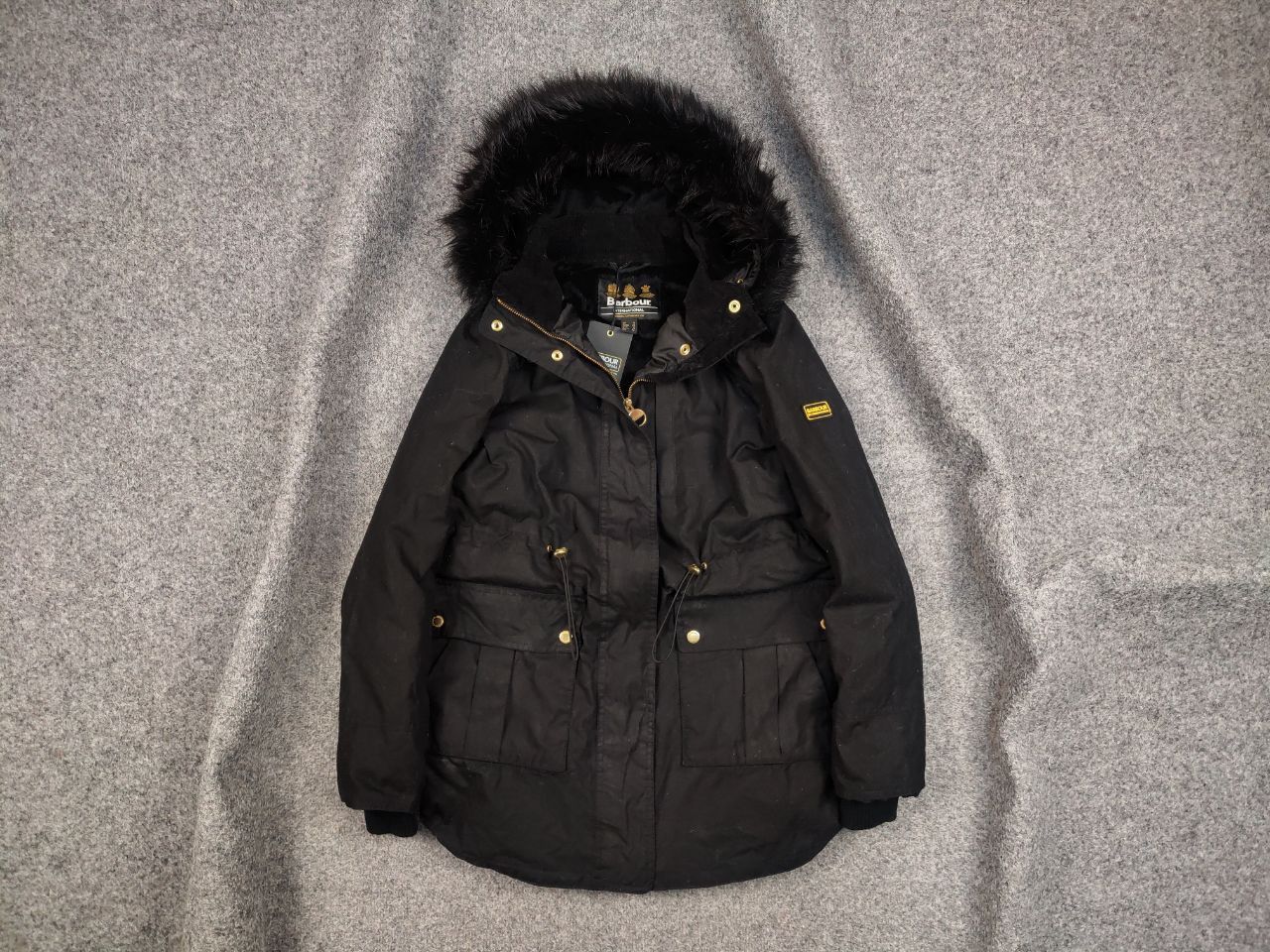 image of Barbour International Picard Wax Black Hooded Winter Jacket, Women's (Size XL)