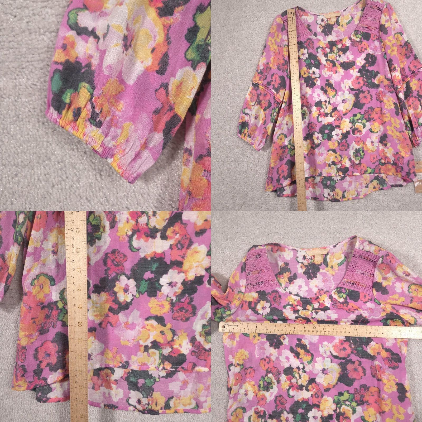 Hope Hope & Harlow Blouse Womens S Floral Crochet 3/4 Sleeve Tunic Top Sheer Pink Multicolor Floral Size S / US 4 / IT 40 - 8 Thumbnail