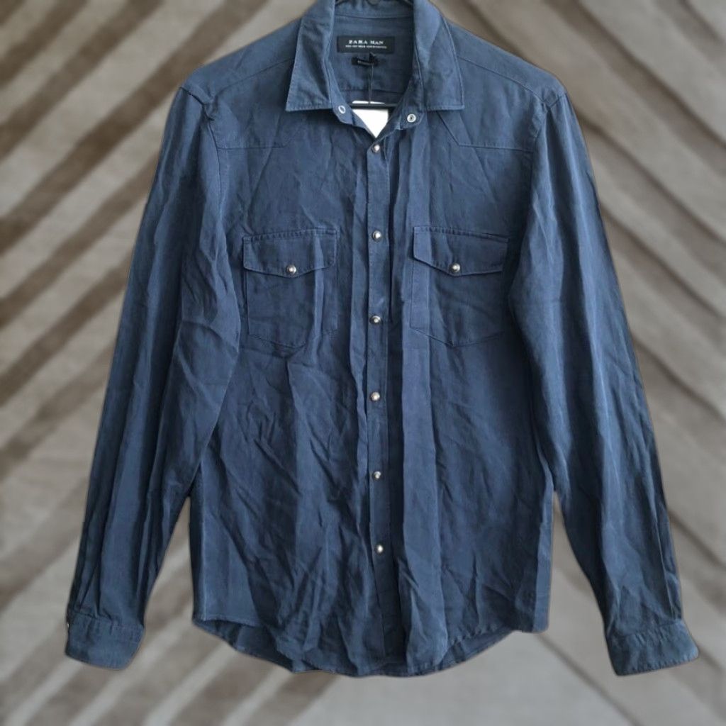 Zara ZARA Men Shirt Blue Relaxed Fit Button-Up 100% Lyocell Long Sleeve Small Shirt Mens Size US S / EU 44-46 / 1 - 1 Thumbnail