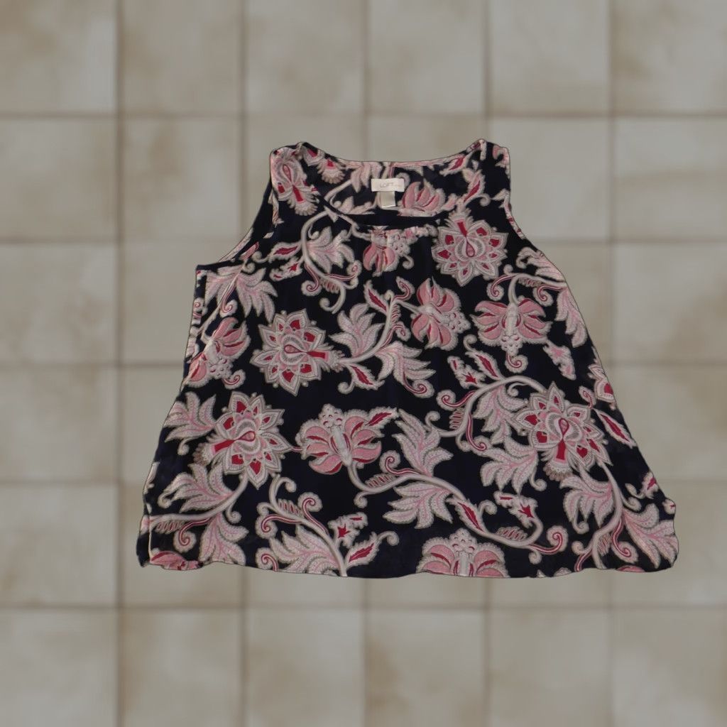 Loft LOFT Petites Sleeveless Shirt Womens Large Petite Navy Pink Floral Split Back Blouse Paisley Sleeveless Ladies Size L / US 10 / IT 46 - 1 Thumbnail