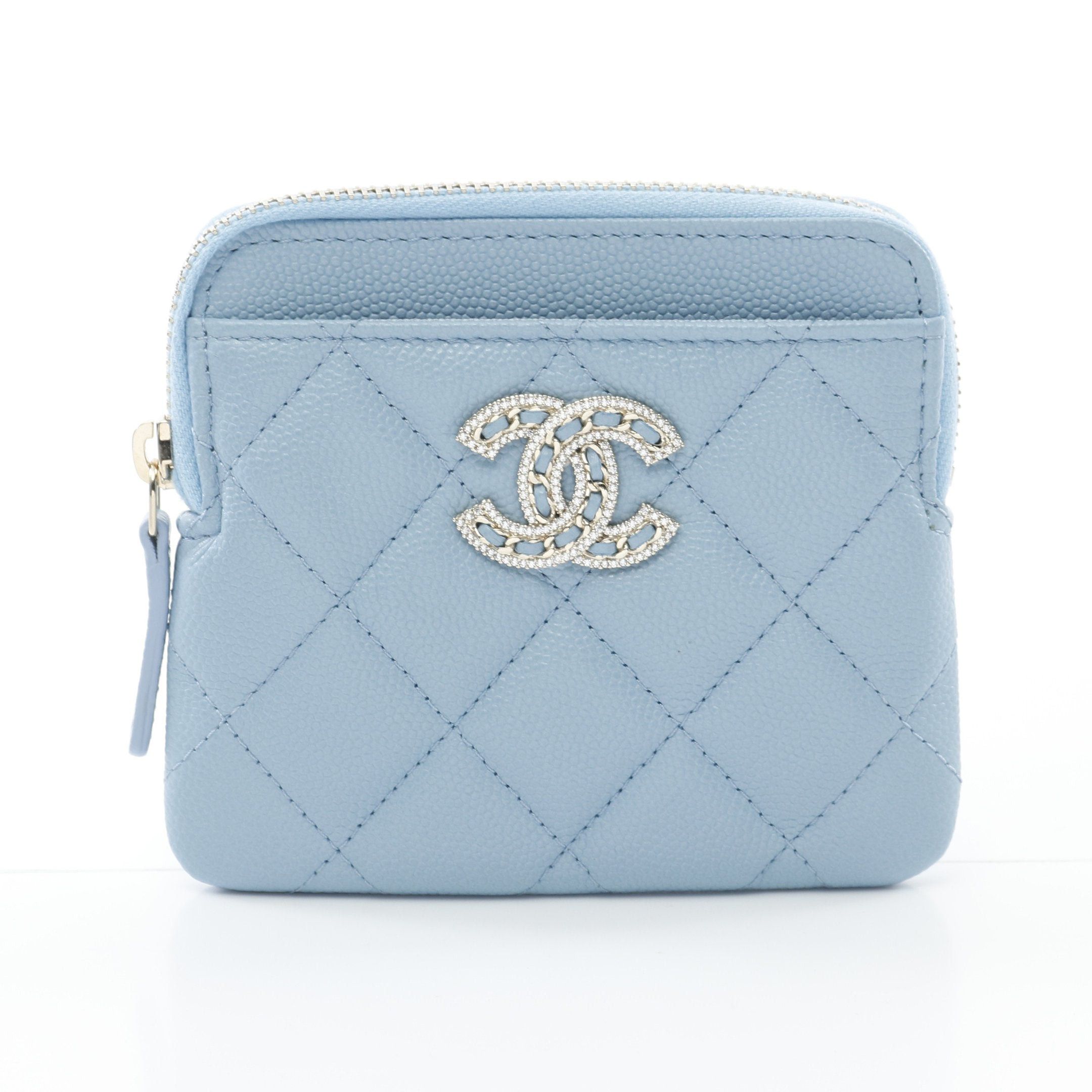 Chanel Chanel Zip Coin Purse Matelasse Caviar Skin Light Blue Gold Hardware Rhinestone Size ONE SIZE - 1 Thumbnail