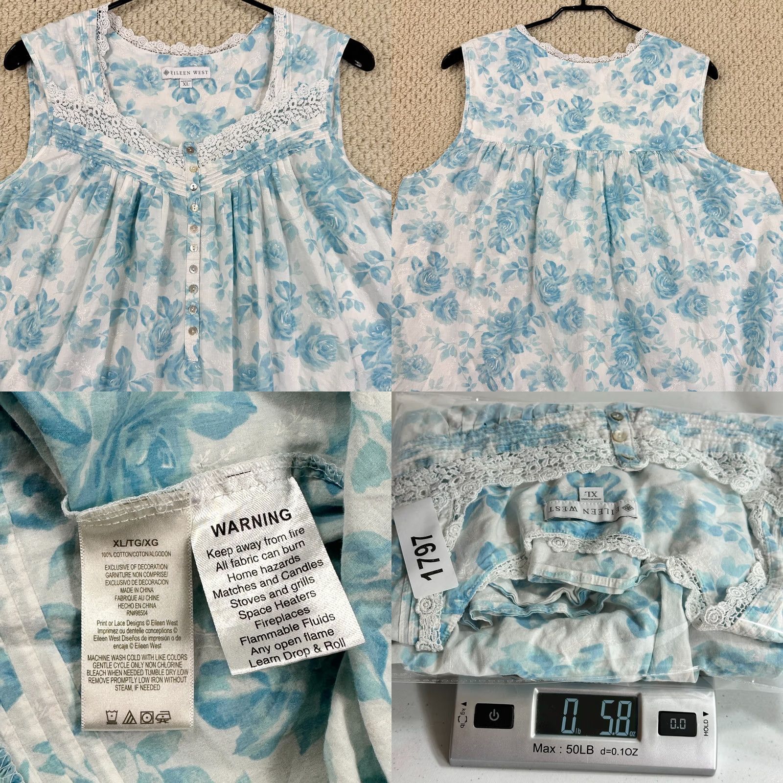 Vintage Eileen West Nightgown Womens XL Blue White Floral Lace Sleeveless Chemise Size ONE SIZE - 8 Thumbnail