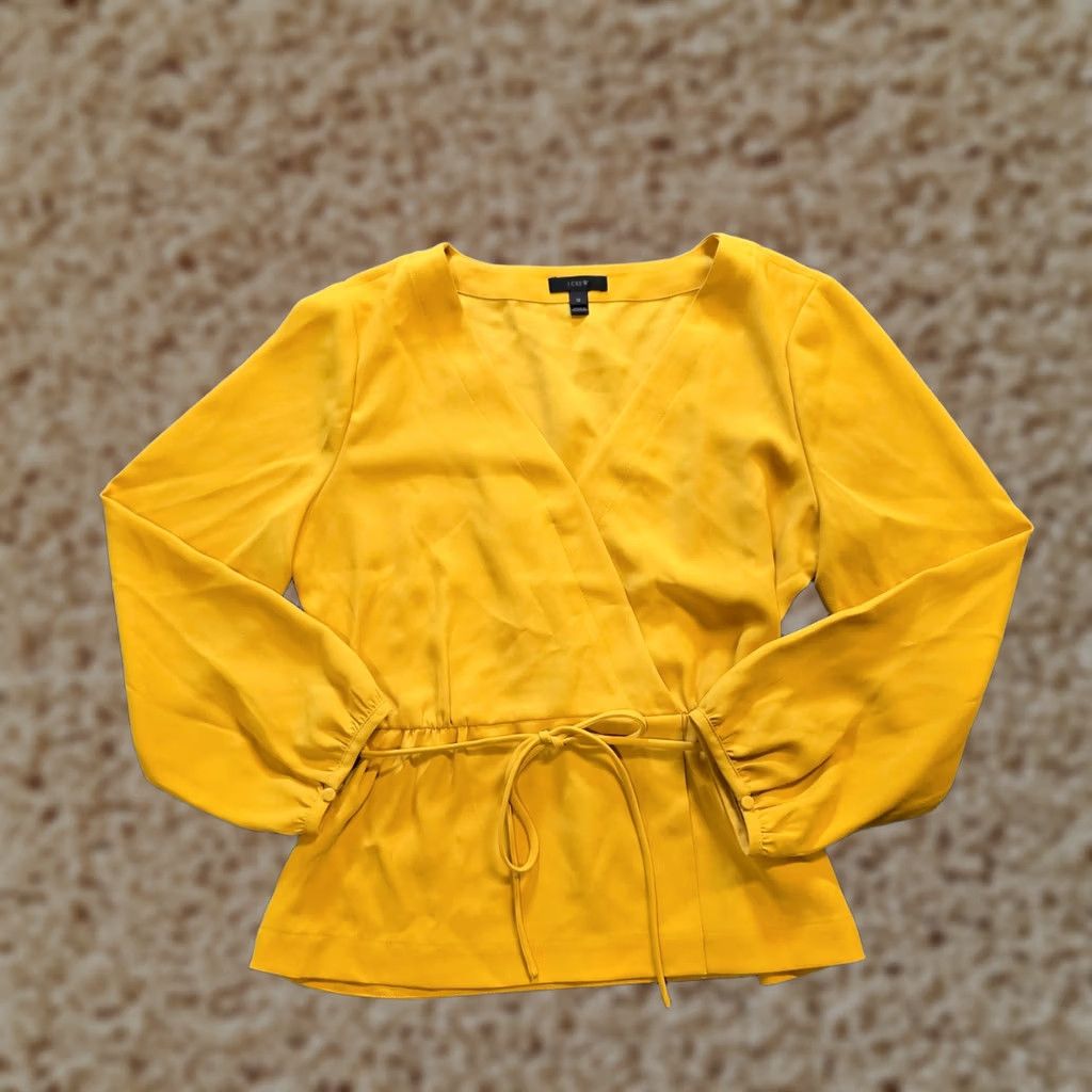 J.Crew J.CREW Blouse Shirt Womens 12 Yellow Faux Wrap Deep V Long Sleeve Belted Fitted Shirt Size XL / US 12-14 / IT 48-50 - 1 Thumbnail
