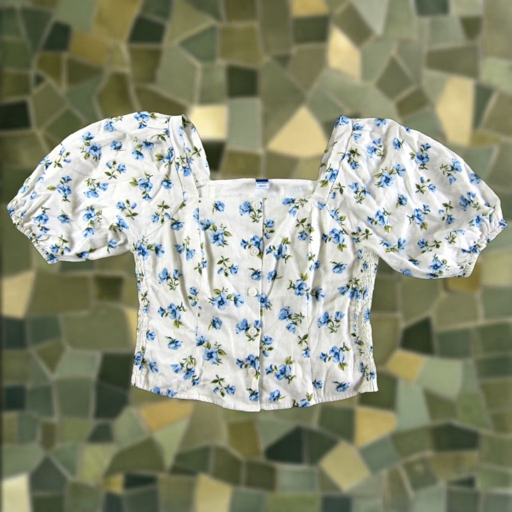 Old Navy Old Navy White Linen Rayon Floral Puff Sleeve Cropped Blouse S Size S / US 4 / IT 40 - 1 Thumbnail