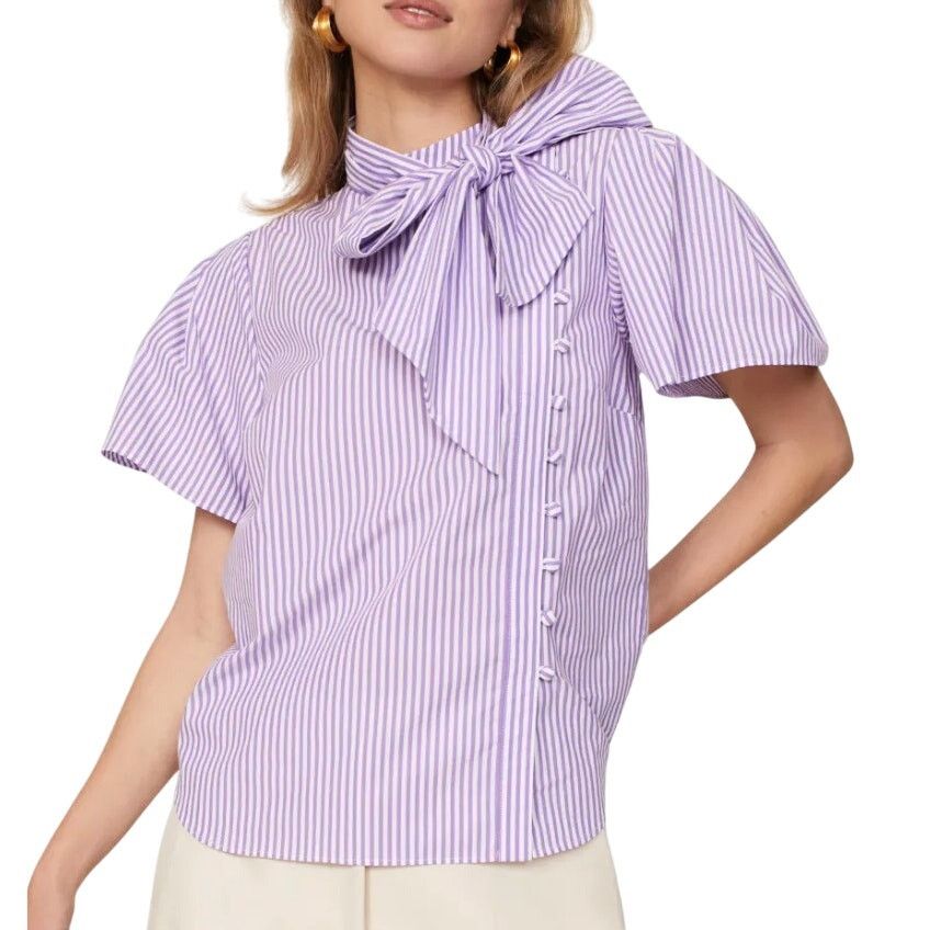 Adam Lippes Adam Lippes x RTR Tie Neck Stripped Top in Purple, Size US 4 Size S / US 4 / IT 40 - 2 Thumbnail