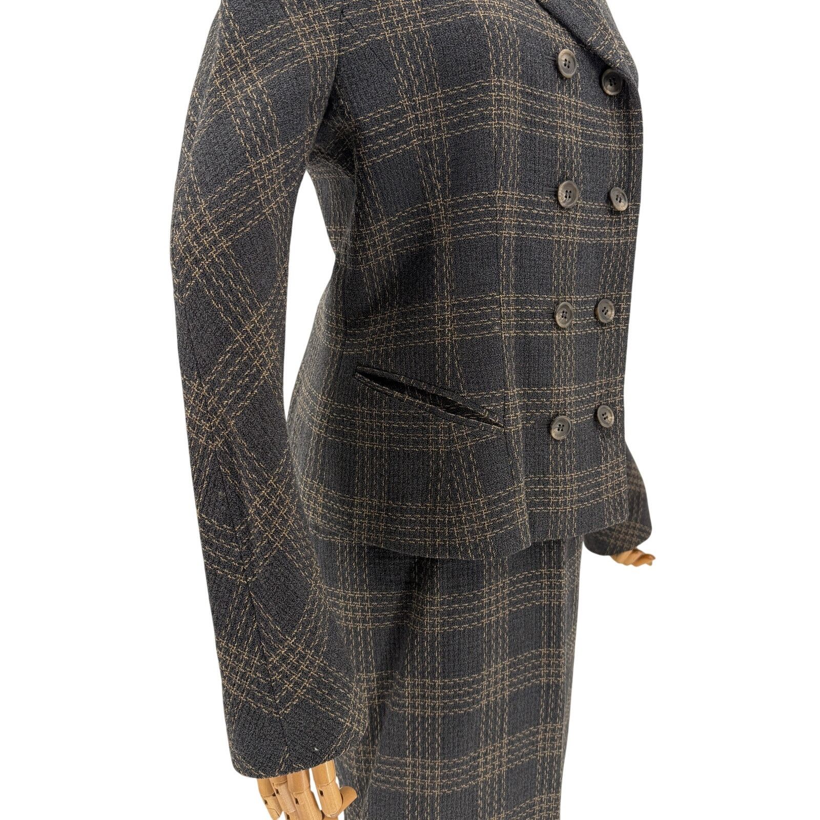 Emanuel Ungaro Vintage 90s Gray Wool Plaid Double Breasted Skirt Suit Size XL / US 12-14 / IT 48-50 - 4 Thumbnail