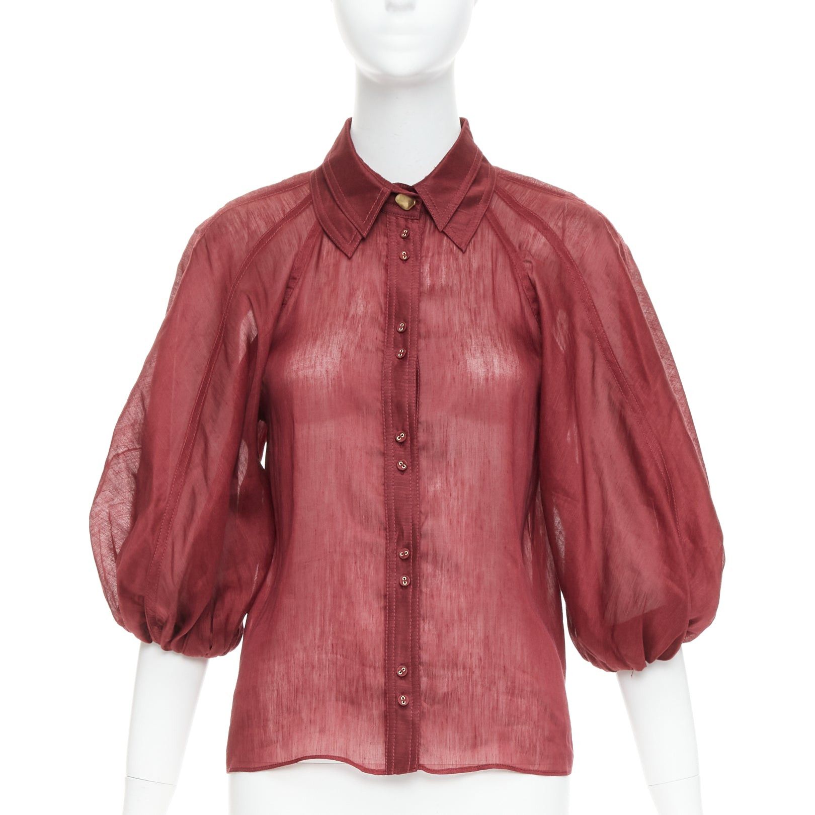 Aje AJE Palms burgundy silk linen puff sleeve raglan multi buttons shirt UK6 XS Size XS / US 0-2 / IT 36-38 - 1 Thumbnail