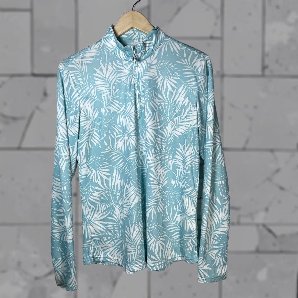 Vintage San Soliel Pullover Womens M Blue Palm Leaf Patterned Longsleeve Quarter Sleeve Size M / US 6-8 / IT 42-44 - 1 Thumbnail