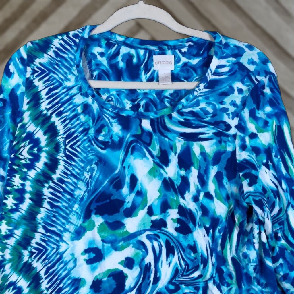 Vintage Chicos Womens Blouse Blue White Abstract 3/4 Sleeve Scoop Neck Stretch 1 (M) Size M / US 6-8 / IT 42-44 - 1 Thumbnail