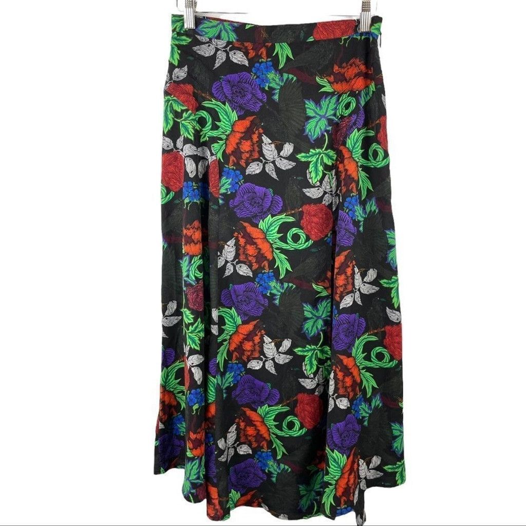 Topshop TOPSHOP Black Floral Crows Print Full Skirt w/ Slit Size 6 Size 28" / US 6 / IT 42 - 4 Thumbnail