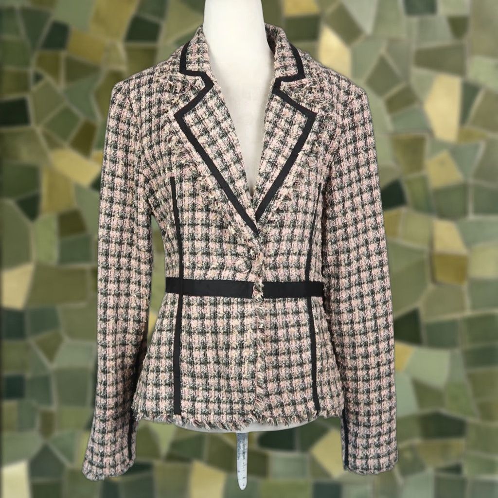 Vintage Marciano Pink and Black Plaid Tweed Blazer Jacket 10 Size L / US 10 / IT 46 - 1 Thumbnail