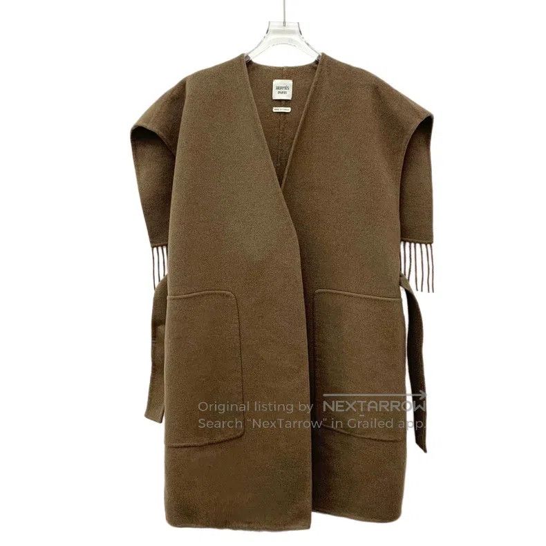 Hermes Hermes Brown Fringe Cashmere V-Neck Belted Sleeveless Over Size XXS / US 00 / IT 34 - 1 Thumbnail