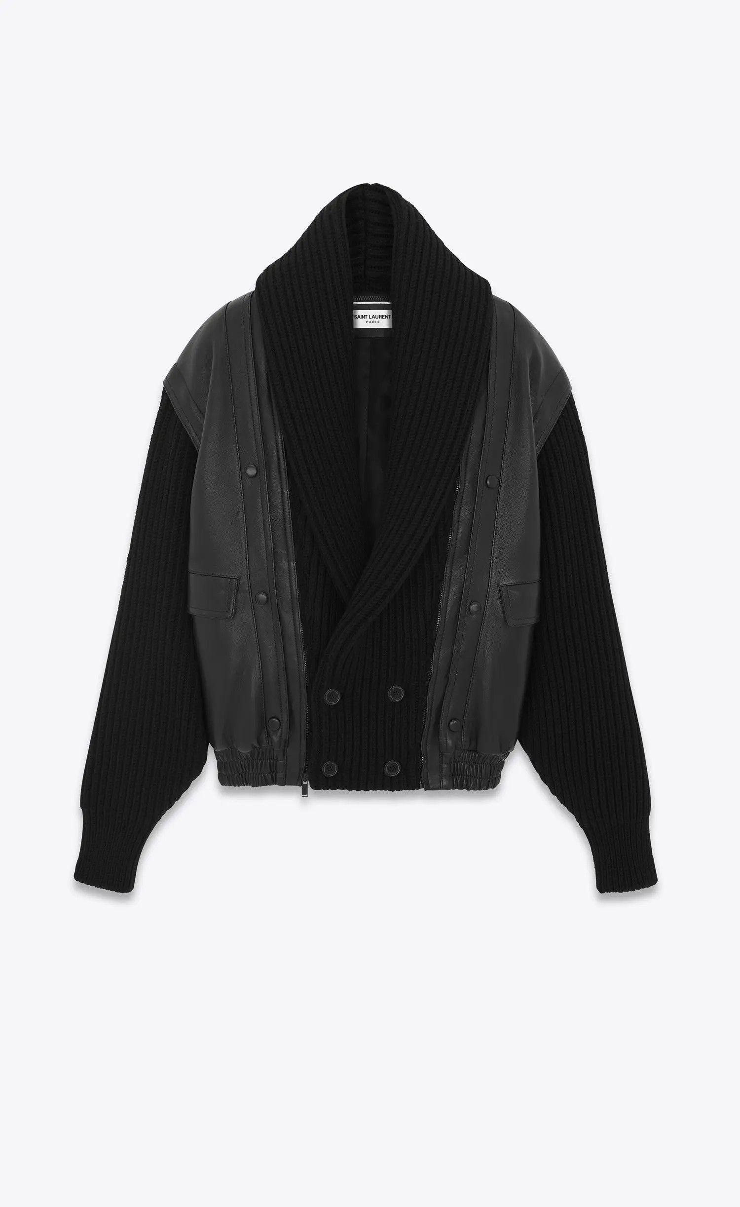 Saint Laurent Paris o1s1wg110925 Shawl-Neck Jacket in Lambskin and Ribbed Wool Size US M / EU 48-50 / 2 - 1 Thumbnail