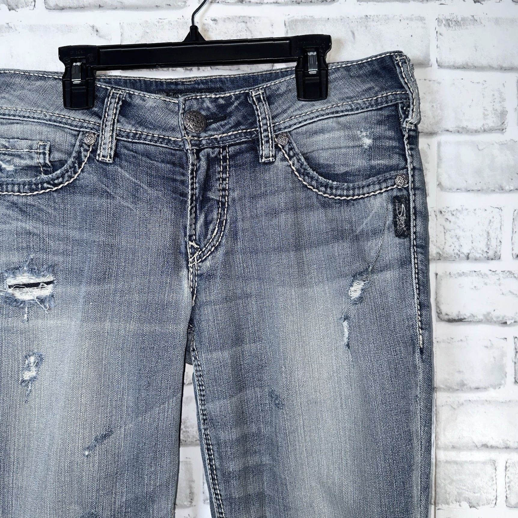 Silver Jeans Co. Silver Jeans Co Jeans Adult Women 30x32 Blue Distressed Cotton Blend Straight Womens Size 30" / US 8 / IT 44 - 2 Thumbnail