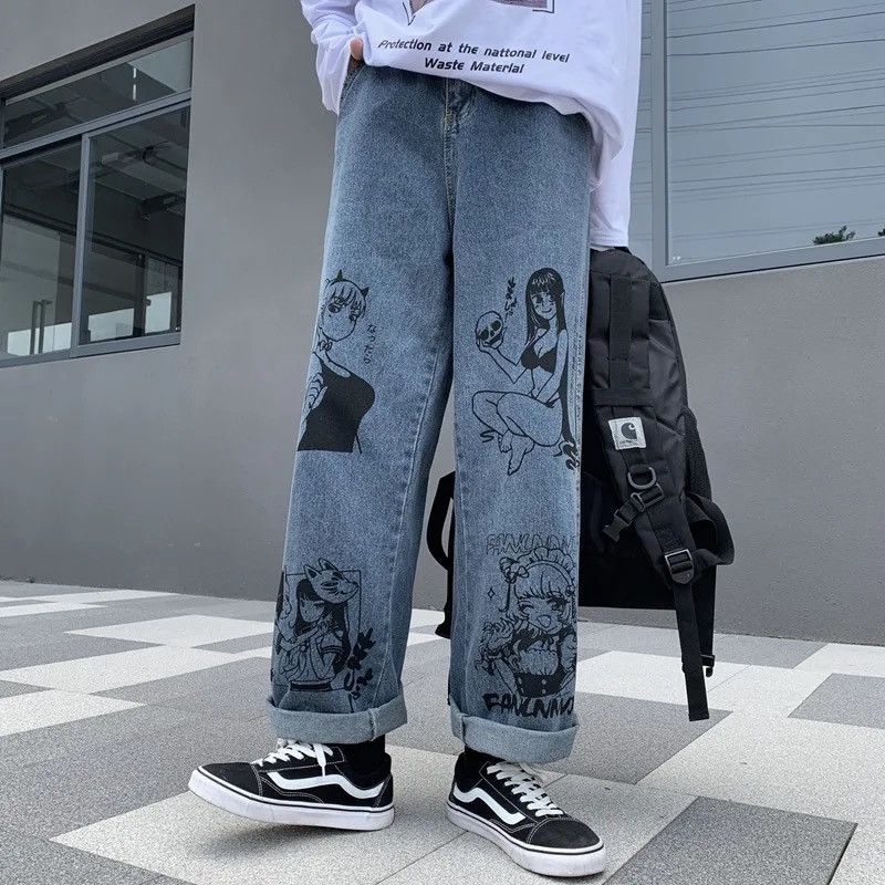 Japanese Brand Unisex jeans graffiti print Korean American hip-hop style Size US 32 / EU 48 - 3 Thumbnail