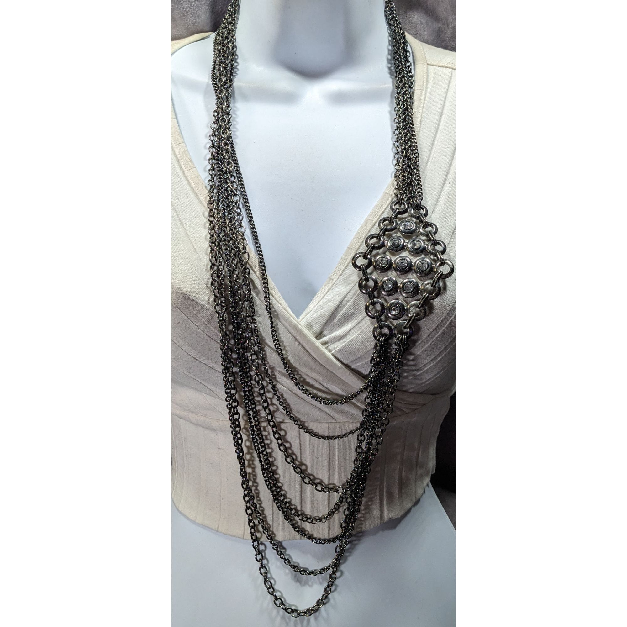 Other Glam Goth Metal Layered Chain Necklace With Rhinestone Accen Size ONE SIZE - 1 Thumbnail