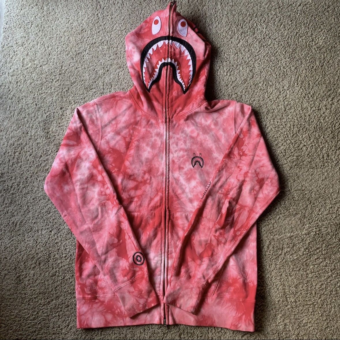 image of Bape Tie Dye Ponr Shark Full Zip Hoodie in Pink, Men's (Size Medium)