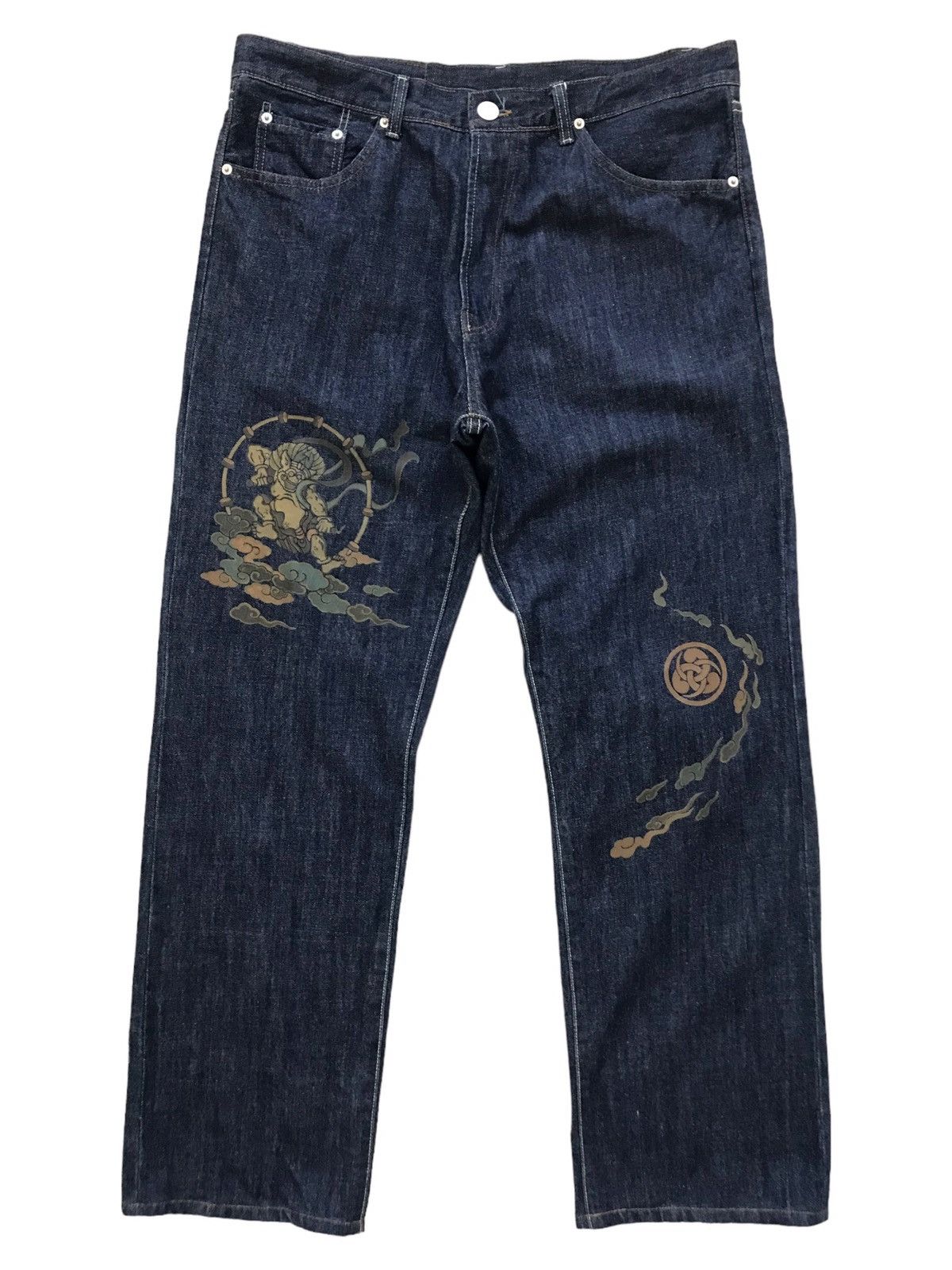 Japanese Brand ONIGASHIMA Raiijin Painted Blue Denim Jeans Size US 36 / EU 52 - 1 Thumbnail