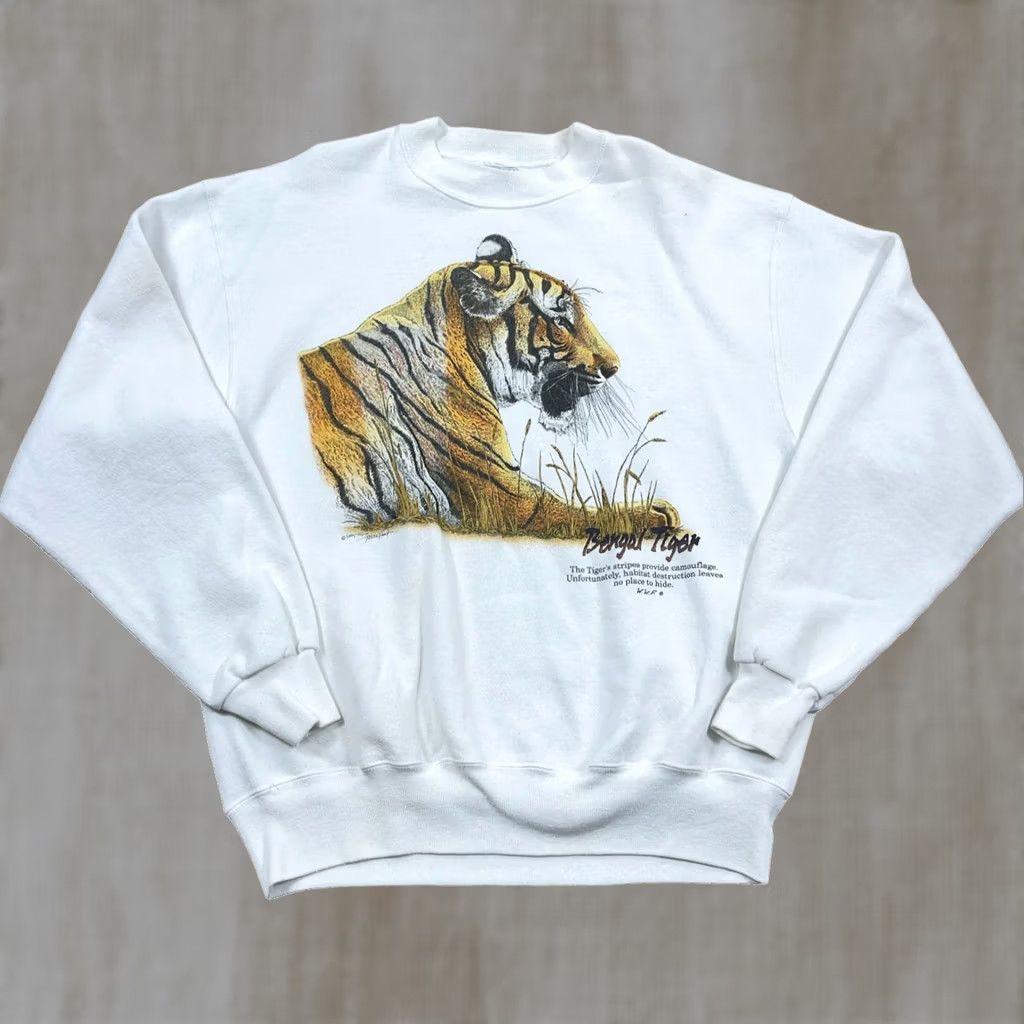 Hanes VINTAGE Hanes Sweatshirt Men XL White 90s Crewneck Pullover Regular Heavyweight Cotton Blend Logo Graphic Print Nature 90s USA Bengals Tiger Mens Size US XL / EU 56 / 4 - 1 Thumbnail