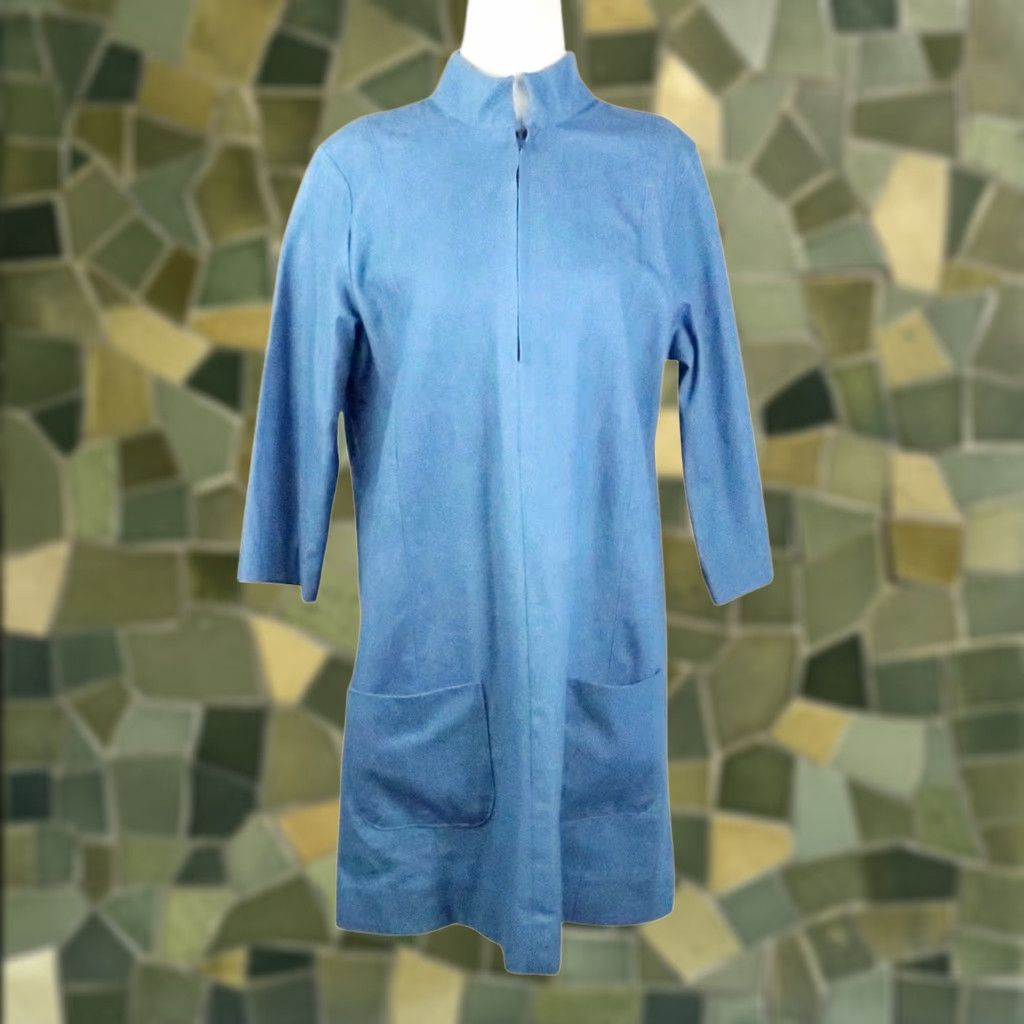Denime VINTAGE Blue Chambray Denim Shift Mini Dress Mod Mockneck, 60s, 70s, Bohemian, Western, 3/4 Sleeve, Cotton, Casual Womens Dress M Size M / US 6-8 / IT 42-44 - 1 Thumbnail