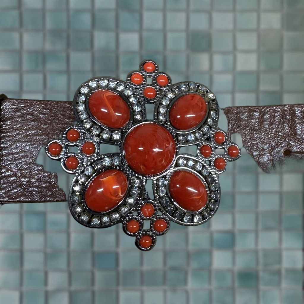 Vintage Harold’s Leather Belt Brown MEDIUM Women Belt M | Red Rhinestones | Made in Italy | Boho Western Designer Fashion Belt Size ONE SIZE - 1 Thumbnail