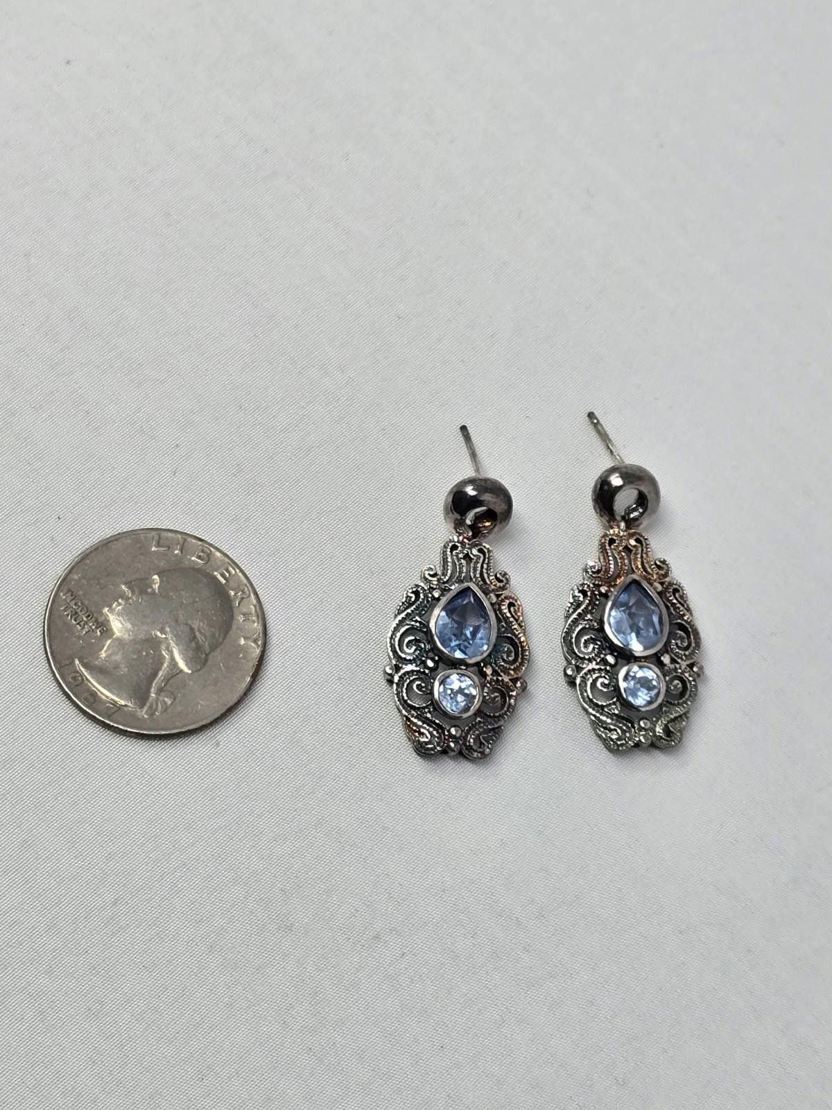 Other Vintage PJM 925 Sterling Silver Scroll Earrings with Blue CZ Size ONE SIZE - 3 Thumbnail