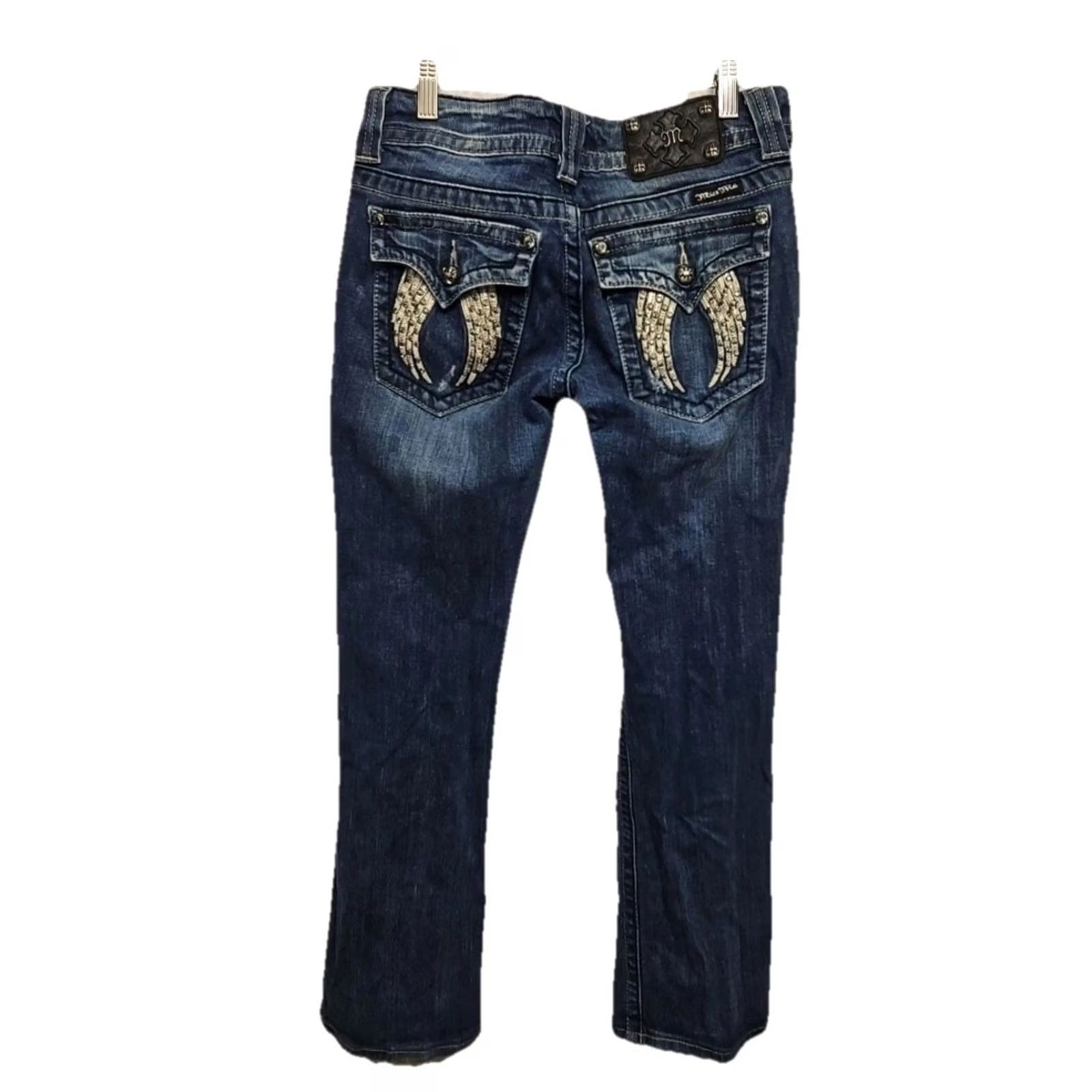 Miss Me Miss Me Jeans Womens 29 Bootcut Mid Rise Rhinestone Wing Pocket Blue 29 Regular Womens Jeans Size 29" - 4 Thumbnail