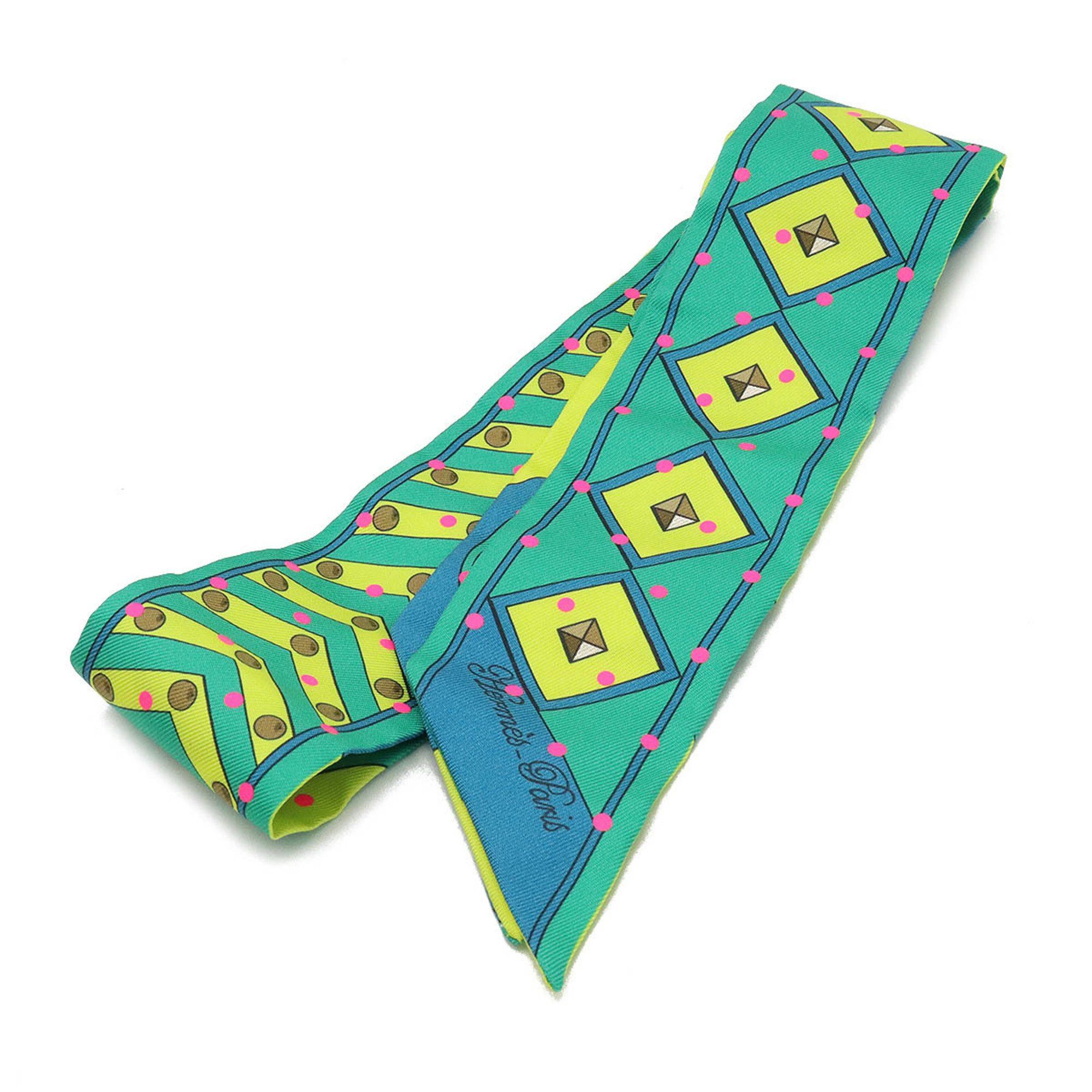 image of Hermes Twell Twilly Scarf Colliers Et Chiens "collar And Dog" 100% Silk Green Yellow, Women's
