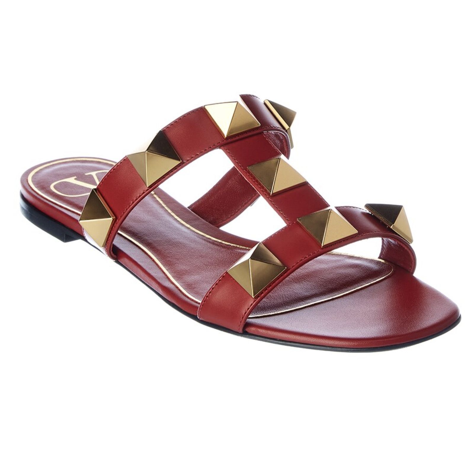 Valentino Valentino Rockstud Roman Stud Gold Red Leather Slide Slip On Size US 7 / IT 37 - 3 Thumbnail